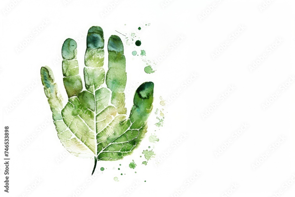 Generative AI, green ecology watercolor painted handprint with leaf veins, copy space, white background Generative AI, green ecology watercolor painted handprint with leaf veins, copy space, white background