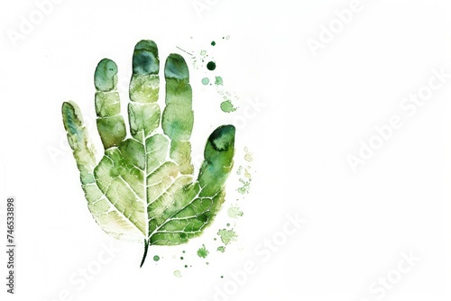Generative AI, green ecology watercolor painted handprint with leaf veins, copy space, white background