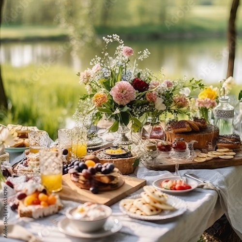 summer table in nature with snacks, wine and fresh flowers. Concept: catering for picnics and feasts, organizing weddings and outdoor events.