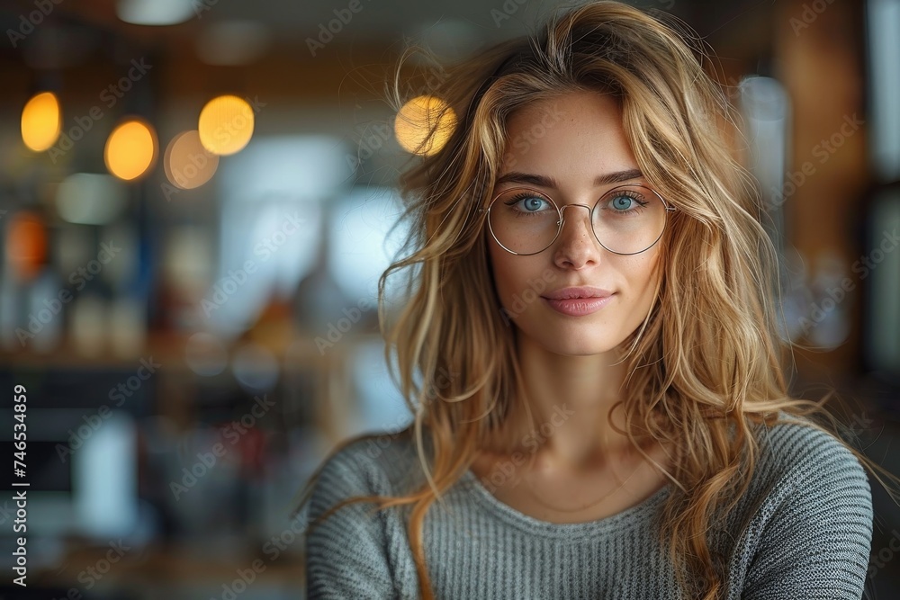 A stylish young woman with glasses focuses intently on the camera, her blonde hair framing her face - obrazy, fototapety, plakaty 