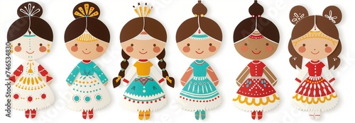 Stylized set of indian  slavian or asian girls paper dolls with cute  fun smiling face and different hairstyle  beautiful traditional colorful dresses  lovely decorative frieze or page border or frame
