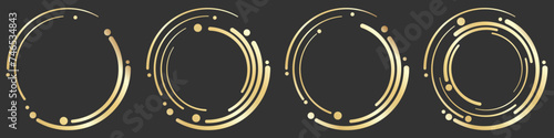 Abstract geometric design featuring a gold circle swirl shape with spiral lines. Radial spinning form. For posters, banners, logos, icons, presentations, and booklets. Vector illustration.