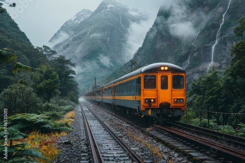 A compelling image of a striking orange train traveling through a misty mountain landscape covered in lush greenery