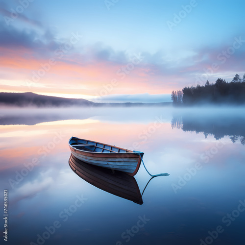 A lone boat on a calm lake at dawn.