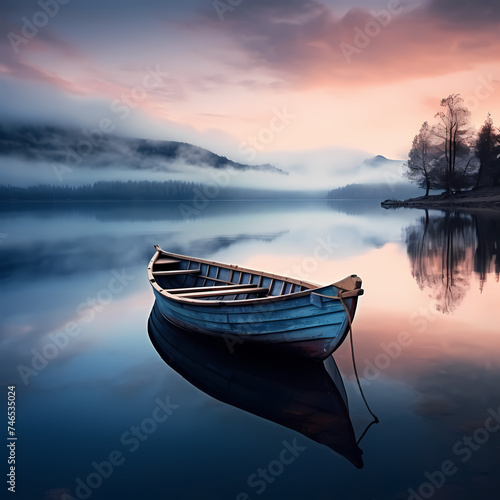 A lone boat on a calm lake at dawn. © Cao