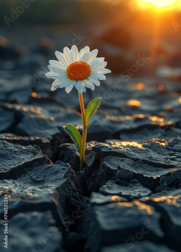 Lonely daisy grows in dry cracked soil. Concept of environmental problems © Анна Терелюк