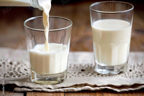 Close-up shot capturing the creamy texture and white color of fresh milk pouring into a glass