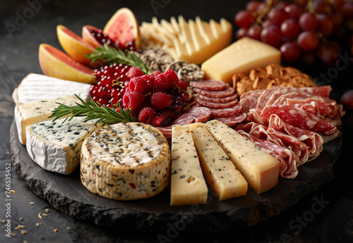 Cheese plate served with fresh raspberry grapes figs crackers and meats as aperitif