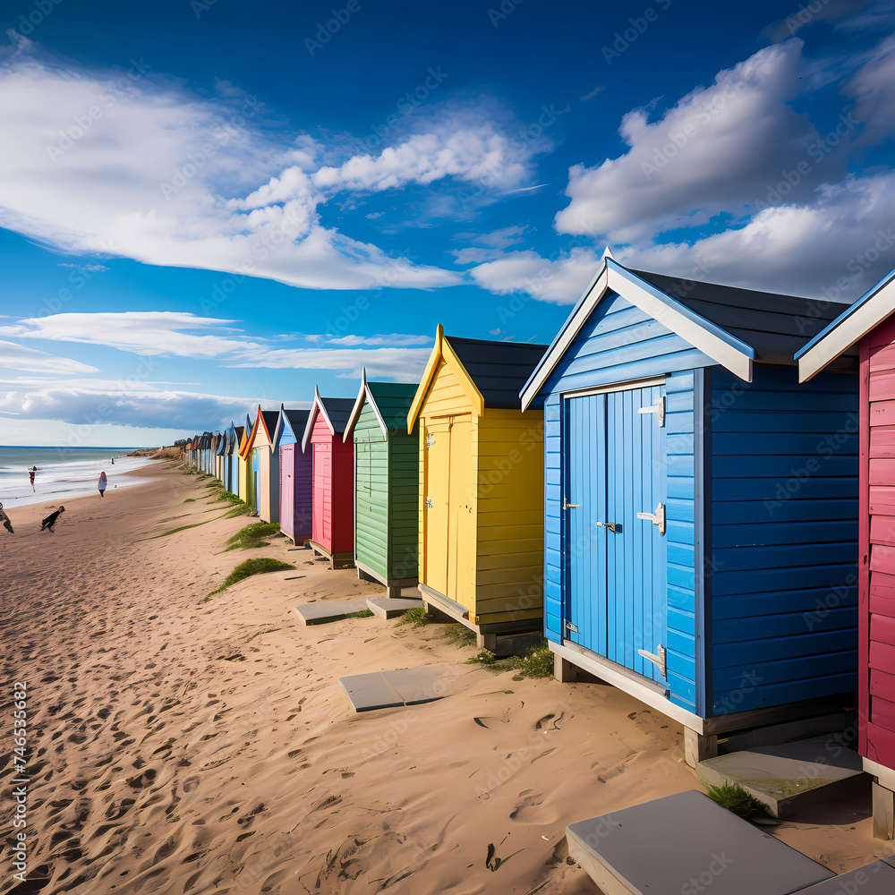 A row of colorful beach huts against a sandy shore