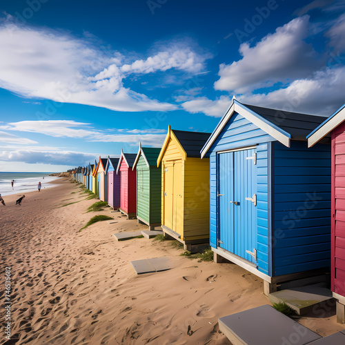 A row of colorful beach huts against a sandy shore © Cao