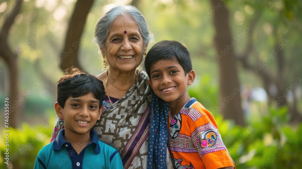 A joyful family moment with a woman and two boys posing for a picture. Fictional Character Created By Generated By Generated AI.