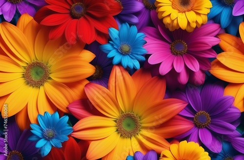 Bright multicolored background of daisies  festive rainbow-colored floral bouquet  close-up
