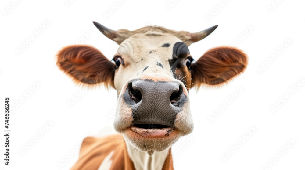 Suprised brown three colored cow looking at camera with mouth open