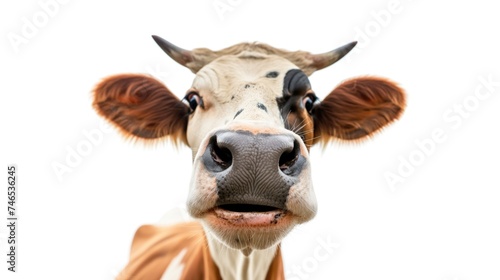 Suprised brown three colored cow looking at camera with mouth open