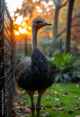 Ostrich walking in the park at sunset