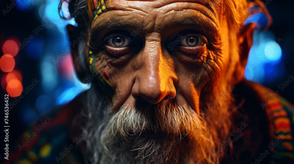 Intense artist close-up illuminated by vibrant colors