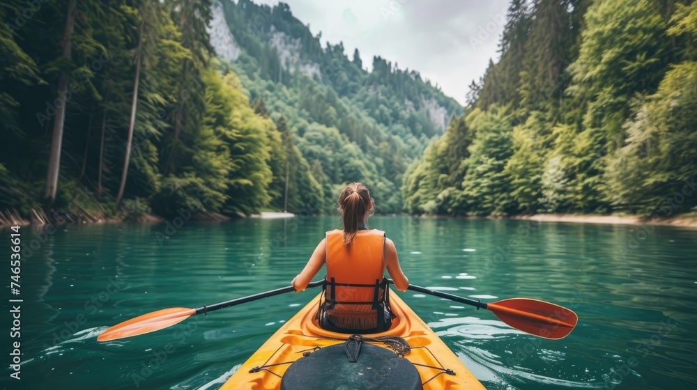 A person enjoying an eco-friendly activity, such as kayaking or hiking, with a focus on the importance of preserving natural habitats  - obrazy, fototapety, plakaty 