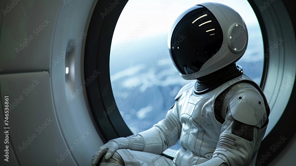 Astronaut in White Spacesuit Seated Next to Spacecraft Porthole. Human Space Flight. Solitude and Beauty of Space Travel. Futuristic Banner with copy space. AI Generated - obrazy, fototapety, plakaty 