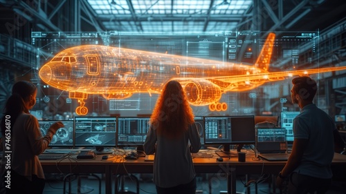 several engineers looking at a large holographic projection of a commercial airplane in a high-tech aerospace center.