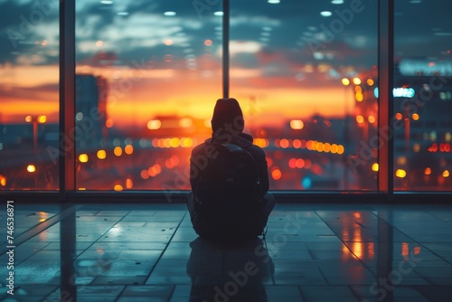 A solitary figure sits against a window, observing the urban landscape during the blue hour