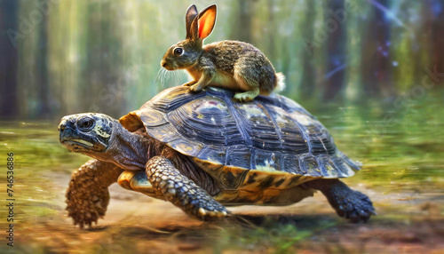 Close-up of a hare or rabbit on the carapace of a fast turtle running at full speed. Turtle carrying a rabbit on its back. Generative Ai.