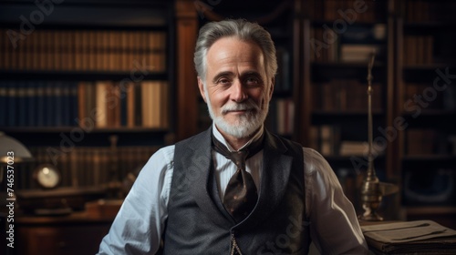 Enthusiast in waistcoat illuminated in scholarly light