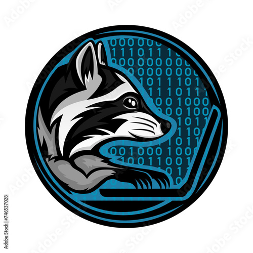 Round icon of raccoon with laptop on white background.