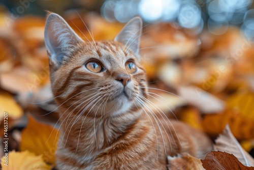 A curious orange tabby cat with striking eyes amidst a blanket of vibrant autumn leaves, creating a warm and cozy seasonal scene