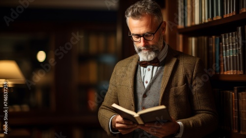 Knowledgeable in tweed illuminated by bookish light photo