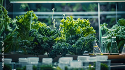 a still life photography of a surreal looking laboratory full of Kale, vibrant, futuristic  