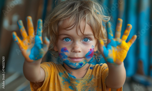 Child shows his hands with paint on them.