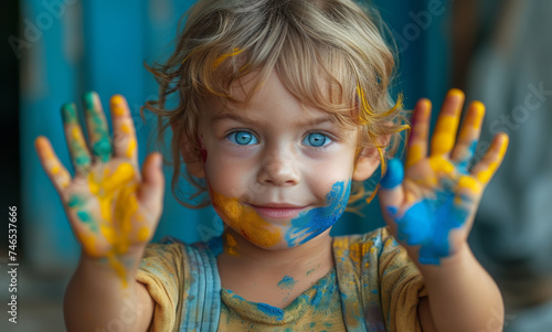 Cute little boy showing his hands painted in bright colors