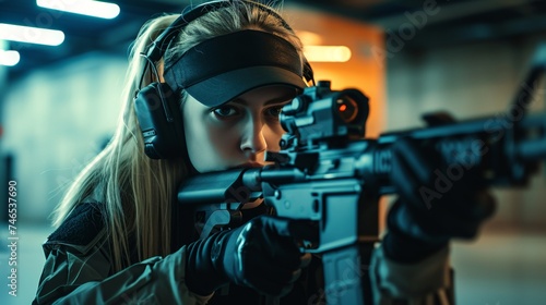 Generative AI image of a young woman with blonde hair in a ponytail wearing headphones and a security guard uniform shooting an assault rifle in an indoor shooting range photo