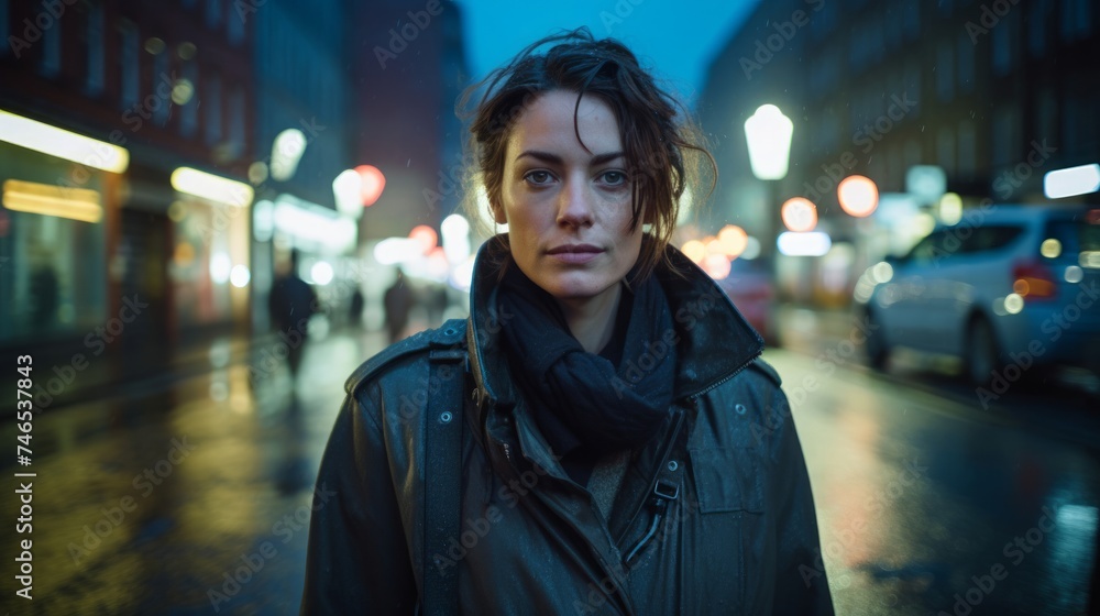 Investigative journalist trench coat rainy street blue light Investigative journalist trench coat rainy street blue light