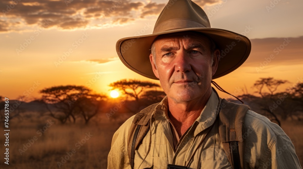 Foreign correspondent safari hat savannah backdrop sunset light