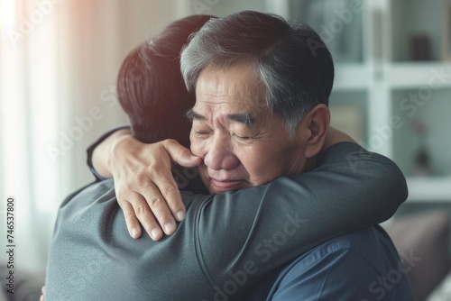 An older man hugging a younger man. Fictional Character Created By Generated By Generated AI.