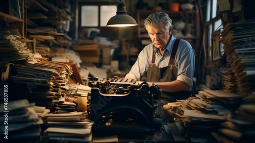 Dedicated journalist types vintage typewriter warm light