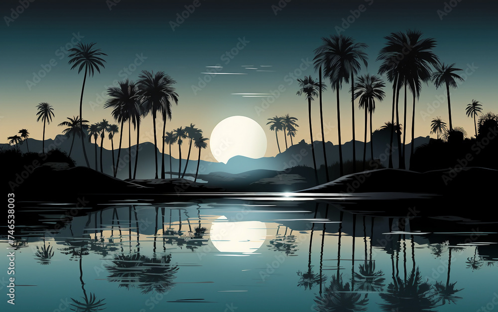 Serene Night in a Desert Oasis with Moonlight Isolated on White Background.