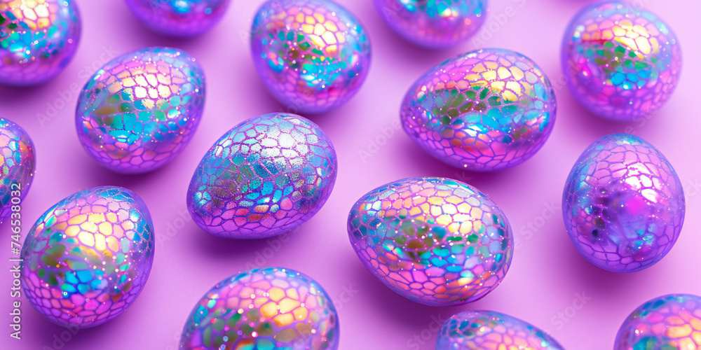 Modern and stylish Easter eggs pattern in holographic purple tones colors with glitters and shadows. Creative Easter banner with copy space. Modern and stylish Easter eggs pattern in holographic purple tones colors with glitters and shadows. Creative Easter banner with copy space.