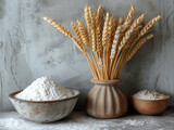 Flour in wooden bowl wheat ears and wheat spikelets in vase on gray background