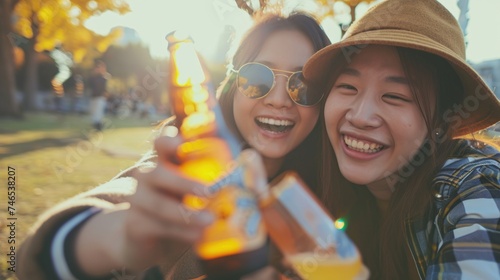 Two Women Enjoying a Cold Beer - Summer Fun. Fictional Character Created By Generated By Generated AI.