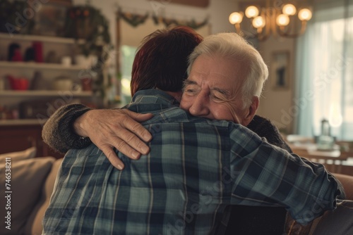 An older man hugging his friend in a kitchen. Fictional Character Created By Generated By Generated AI.