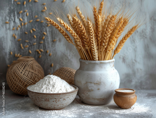 Flour in bowl wheat ears and wheat in vase on gray background