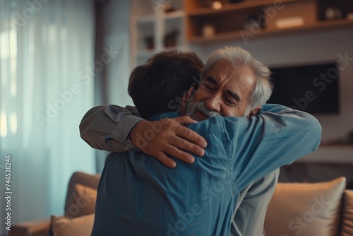 An older man and younger man hugging each other. Fictional Character Created By Generated By Generated AI.