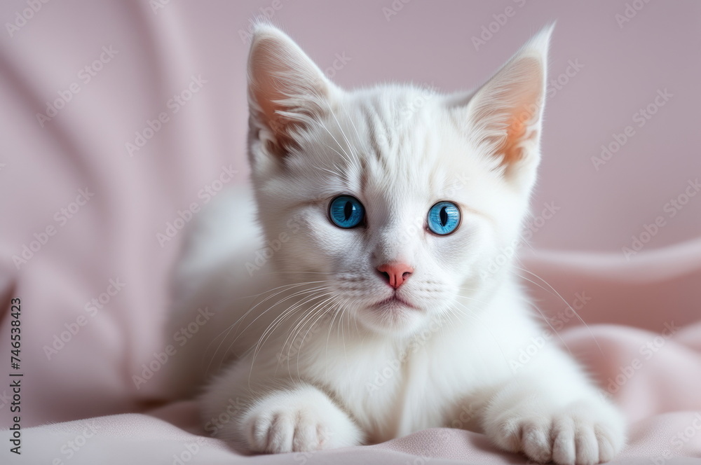 Serene White Kitten with Mesmerizing Blue Eyes on Soft Fabric