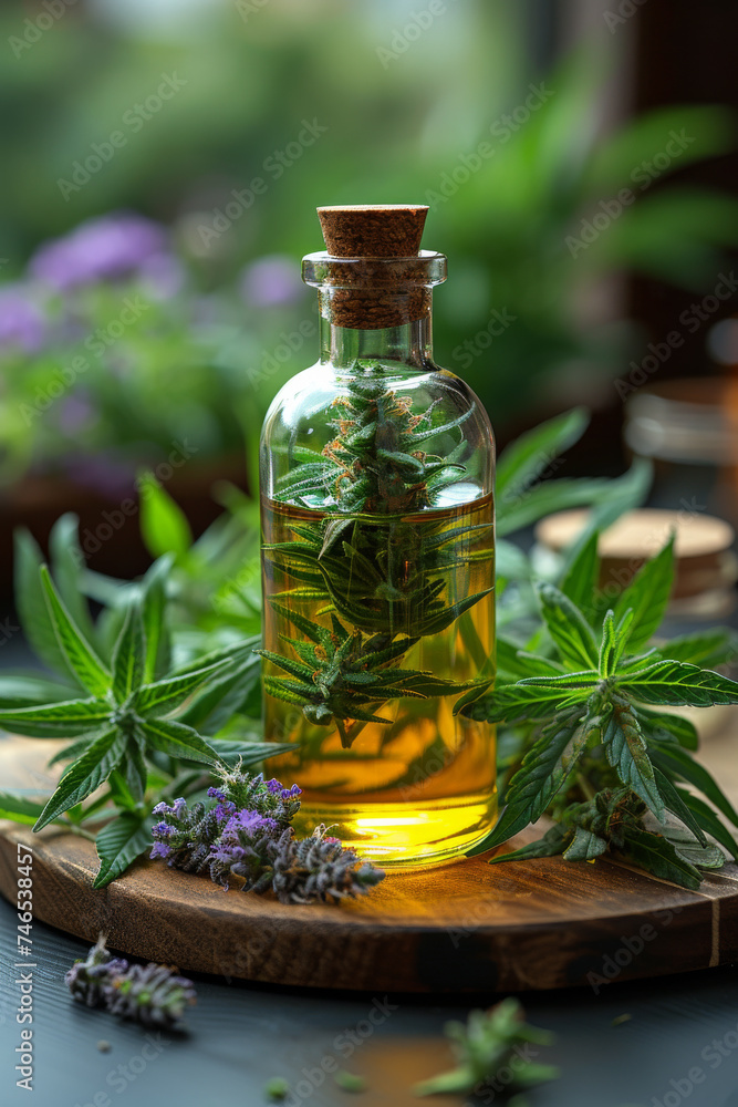 Bottle of hemp oil with cannabis and flowers Bottle of hemp oil with cannabis and flowers