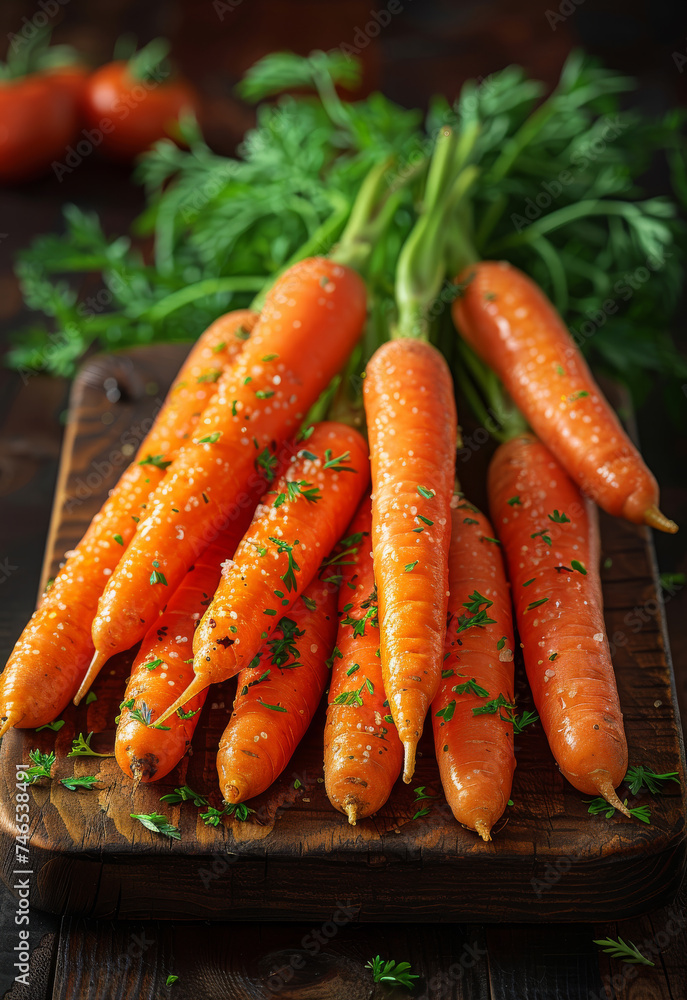 Fresh baby carrots with parsley on wooden cutting board Fresh baby carrots with parsley on wooden cutting board