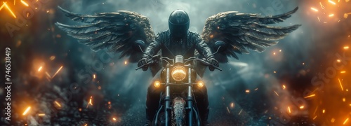 motorcyclist with angel wings on a motorcycle. Generative AI