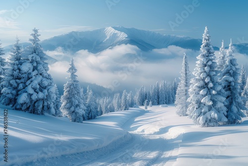 Serene snow-covered pine forest with a majestic mountain backdrop under a clear morning sky
