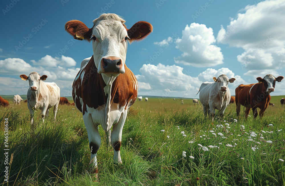 cows stand in a green pasture